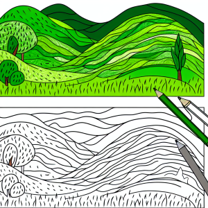 ציור של גבעות ירוקות דף צביעה לילדים להדפסה בחינם